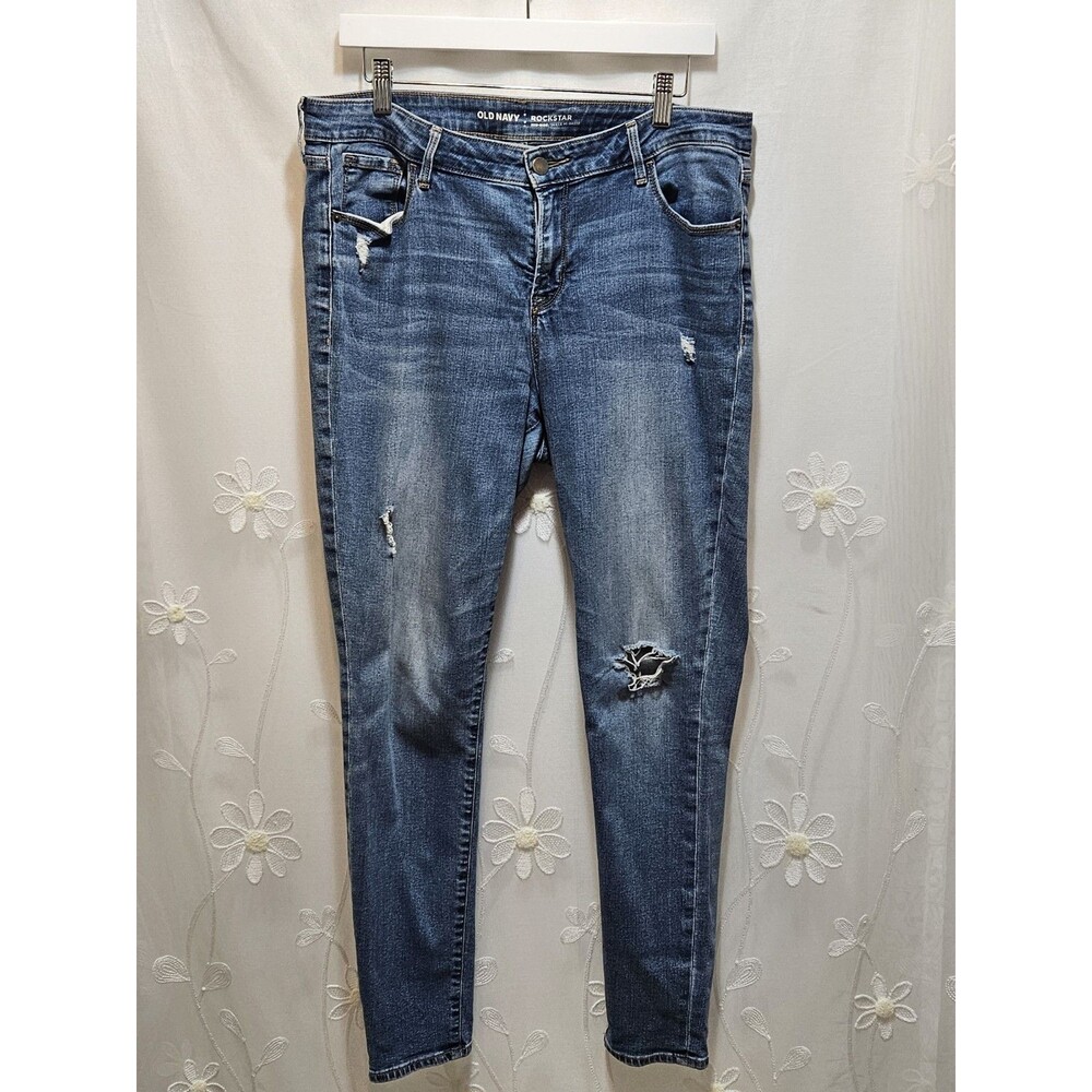 Old Navy Women Size 14 Blue Jeans Denim Rockstar Destroyed Fashion Mid-Rise Cute